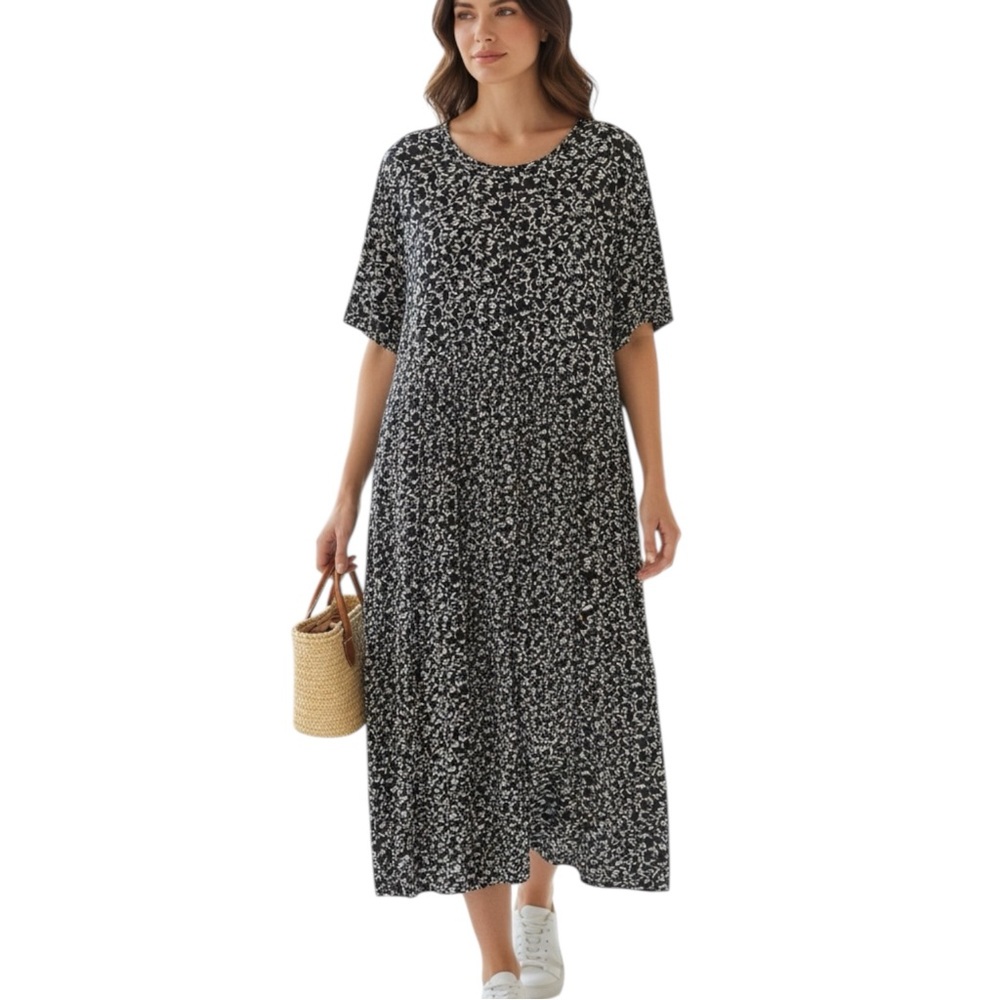 Venezia Vitale Navy & White Floral Button Front Cotton Knit Maxi Dress - Size 2X